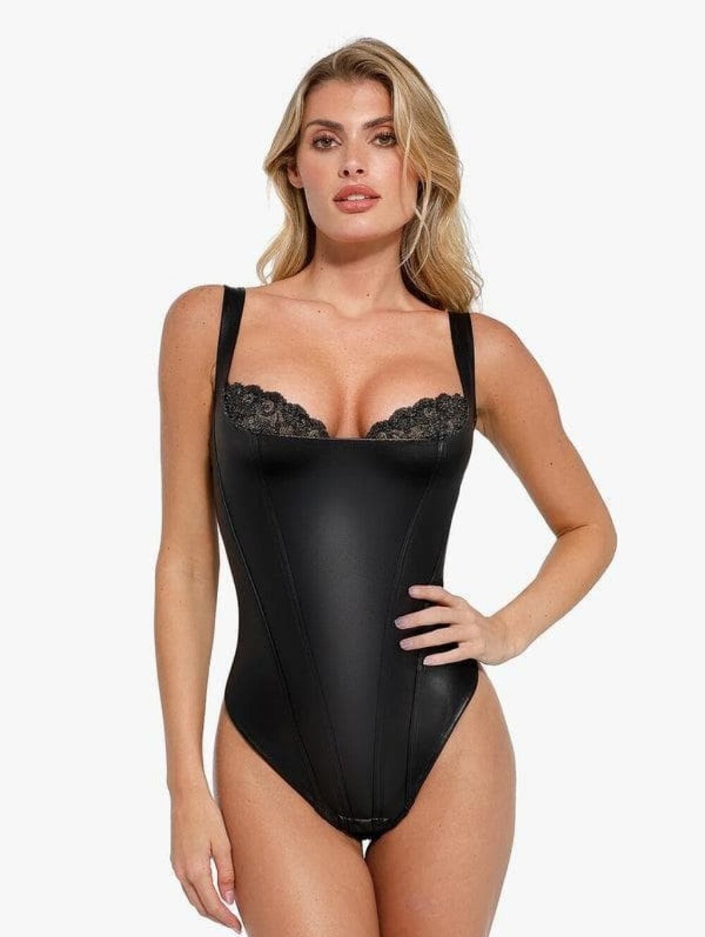 🖤🩶 Black LaceTrim Bodysuit Women Faux Leather Bodycon Sexy XXL Shapewear 🩶🖤